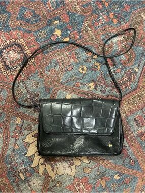 Nina Ricci Vintage Classic Black Croc-Texture Leather Crossbody Bag